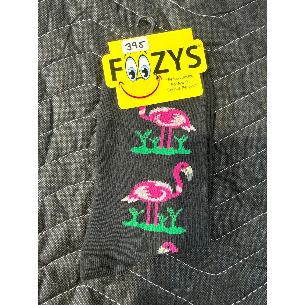 Foozys Flamingo Crew Socks‎ Womens Size 9-11 Black NWT Novelty Tropical FC-47